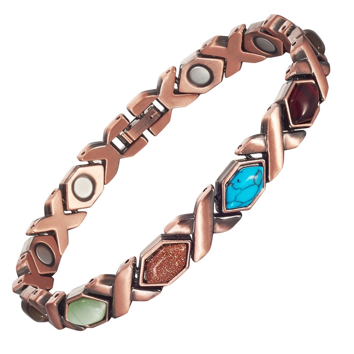 Bratara magnetica terapeutica, cupru pur 99,99%, Model VS331, 200x8x2 mm, 10 magneti, 10 pietre, latime standard, terapie durere articulara, energie naturala