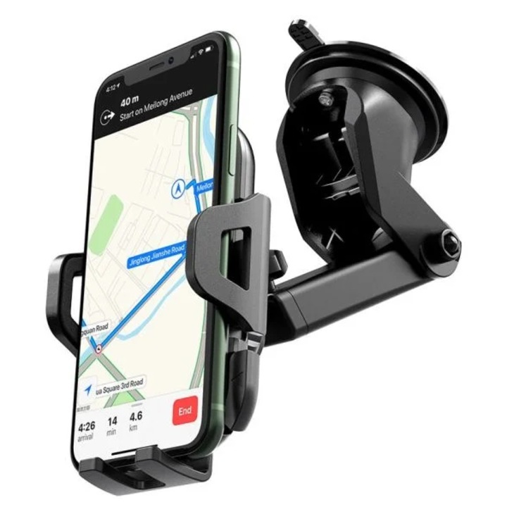 Suport auto universal cu laterale pentru telefon mobil, Ventuza, Montare pe parbriz sau bord, Negru