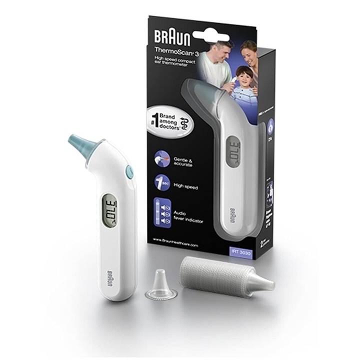 Braun Thermoscan 3 fülhőmérő (professzionális pontosságú, megbízható hangos lázjelző, hőmérséklet-szűrés, láz, gyors, könnyen használható, higiénikus, csecsemők, felnőttek) Irt3030