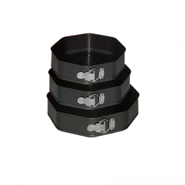 Set 3 tavi hexagonale pentru copt, cu fund detasabil, din metal, diametru 24, 26, 28 cm, finisaj antiaderent, compatibile cu masina de spalat vase, negru