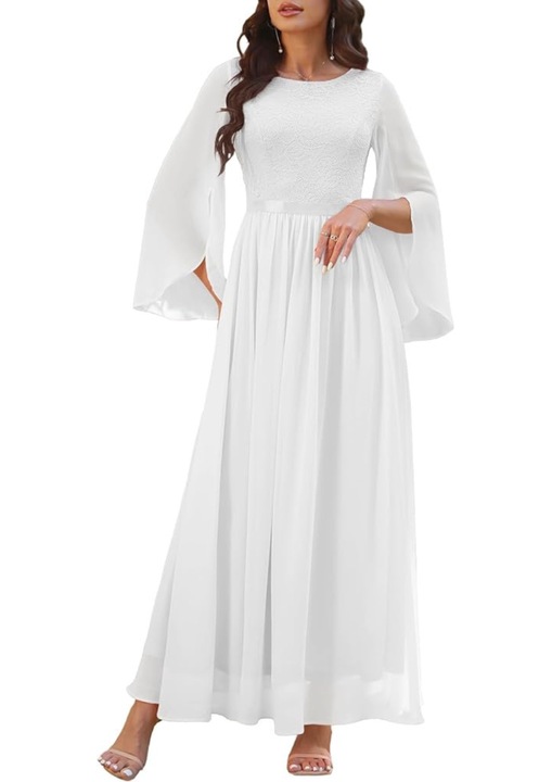 Дълга рокля DRESSELLS, Елегантна, Дантела, Шифон, размер XXL, цвят Бяло