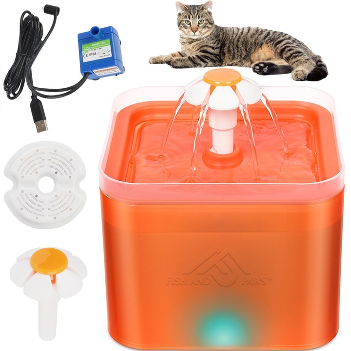 Dispenser de apa automat Fish & Paws ® tip fantana ultra-sientioasa pentru caini si pisici, cu filtru de carbon activat si hidratare neintrerupta a animalelor de companie, incarcare USB, echipata cu lumina LED, design modern, 2L, Portocaliu
