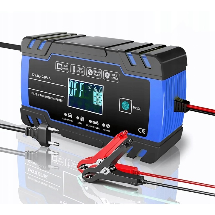 Starter auto multifunctional, Redresor auto inteligent, Incarcare rapida, 12V/8A, 24V/4A, Display digital