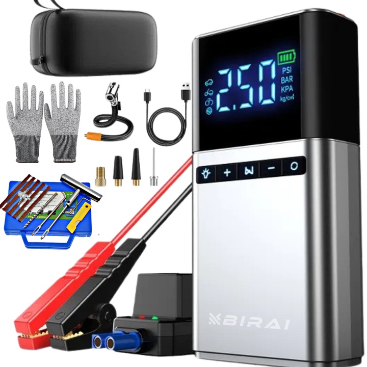 Стартер за автомобилна батерия BIRAI 12V, преносим, мултифункционален 4 в 1, 12000 mAh, усилвател на стартер, компресор за кола, фенерче, външна батерия, 1500A пик, защита срещу обратен поляритет, професионален комплект за бърза вулканизация