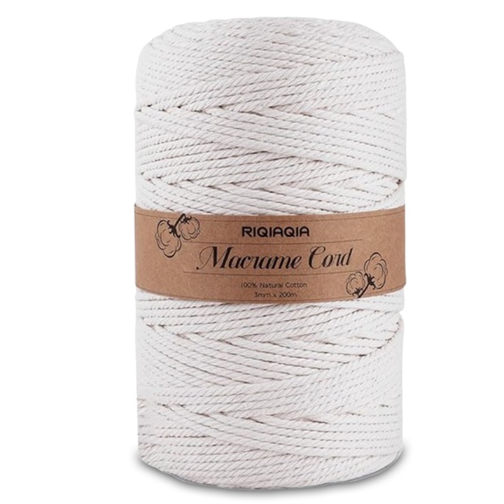 Riqiaqia Premium makramé kötél 3 mm x 200 m, 100% természetes pamut
