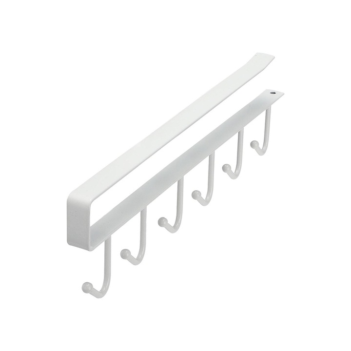 Suport depozitare cu 6 carlige pentru cani, ustensile, tacamuri, 26*6, 5 cm, Alb, metalic
