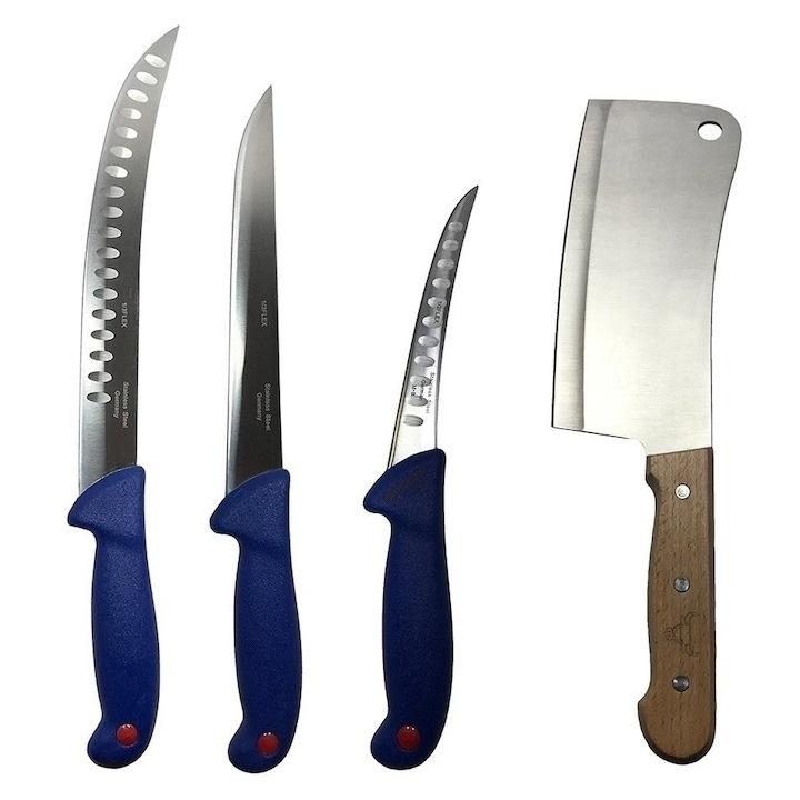 Set profesional de macelarie, transat, injunghiat, dezosat, filetat, 3 cutite otel carbon, satar, Dactylion®