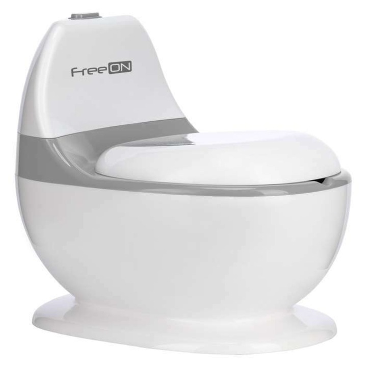 Образователно гърне, FreeON, Тренажор, Мини тоалетна, С място за хартия/салфетки, С реалистичен звук на промиване, До 25 кг, 3 години+, Бяло/Сиво