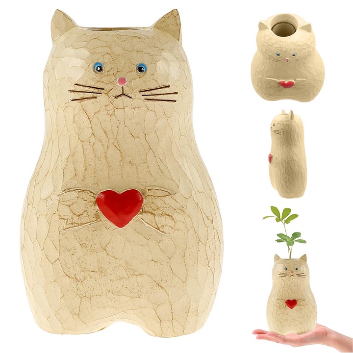 Vaza decorativa Heart Cat, Noonedibs, Forma pisica, rasina sintetica, Mestesuguri, Potrivit pentru casa, decorarea dormitorului, Creativitatea moderna, gradina si in aer liber