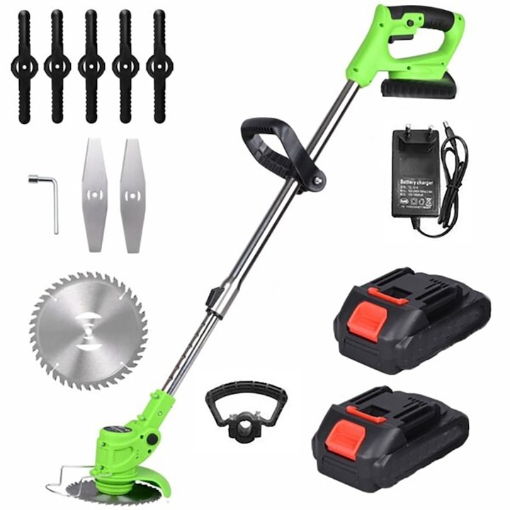 Motocoasa Electrica Profesionala EMATTERIO®, Cu 2 Acumulatori 48V, 2 Lame, 1 Disc Pentru Taiere, Brat Ajustabil, 20000 RPM, Verde