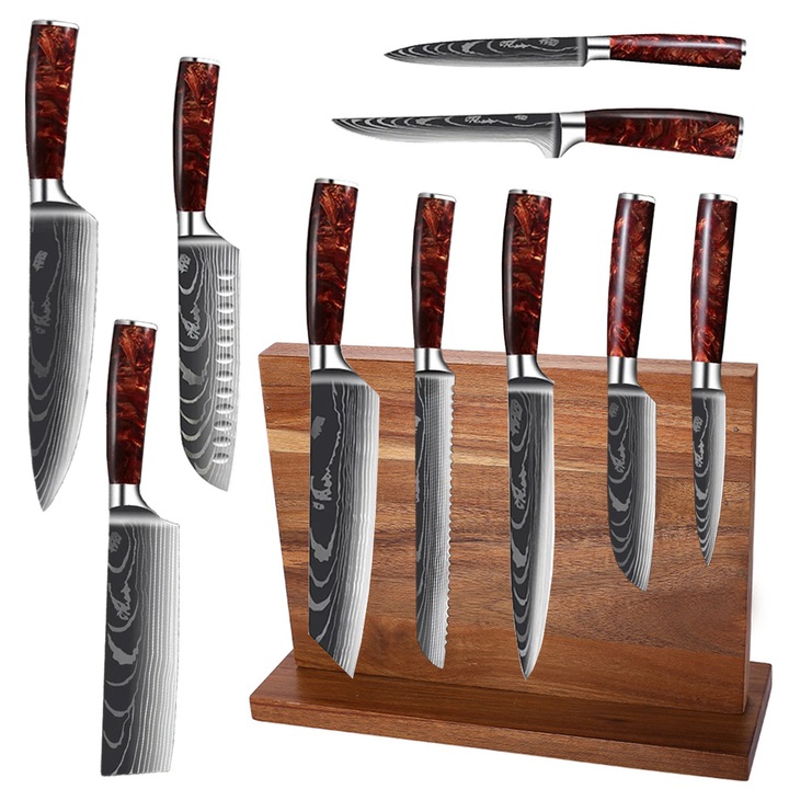 Set cutite profesionale, cu suport magnetic cutite, 10 cutite, din otel carbon, cu duritate HRC 62+, calire cu laser, maner Deluxe Pakka, ergonomice, cu aspect elegant de Damasc, pentru bucatarie si macelarie, cutie prezentare, OptimStar®