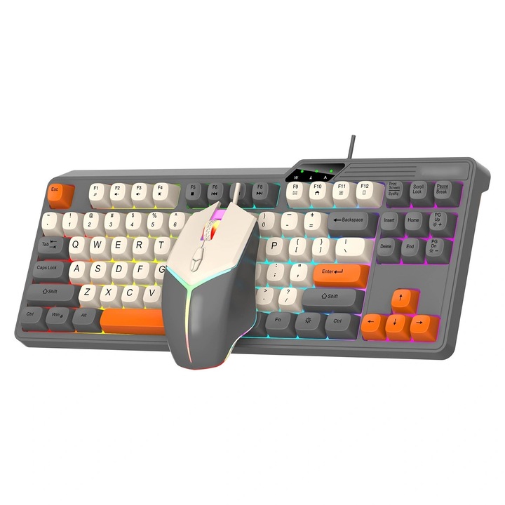 Комплект клавиатура и мишка, RGB, 87 клавиша, ергономичен, цветен блок, сив