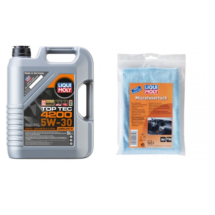 Set ulei motor Liqui Moly Top Tec 4200 5w30 5L si laveta microfibra Liqui Moly
