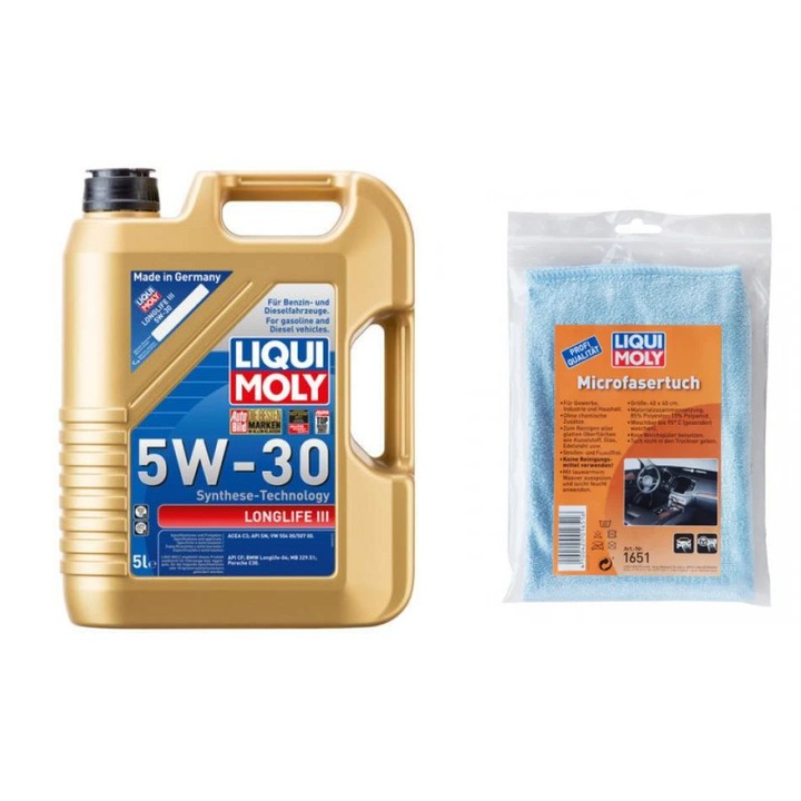 Set ulei motor Liqui Moly Long Life 3 5w30 5L si laveta microfibra Liqui Moly