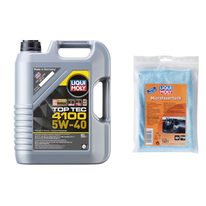 Set ulei motor Liqui Moly Top Tec 4100 5w40 5L si laveta microfibra Liqui Moly