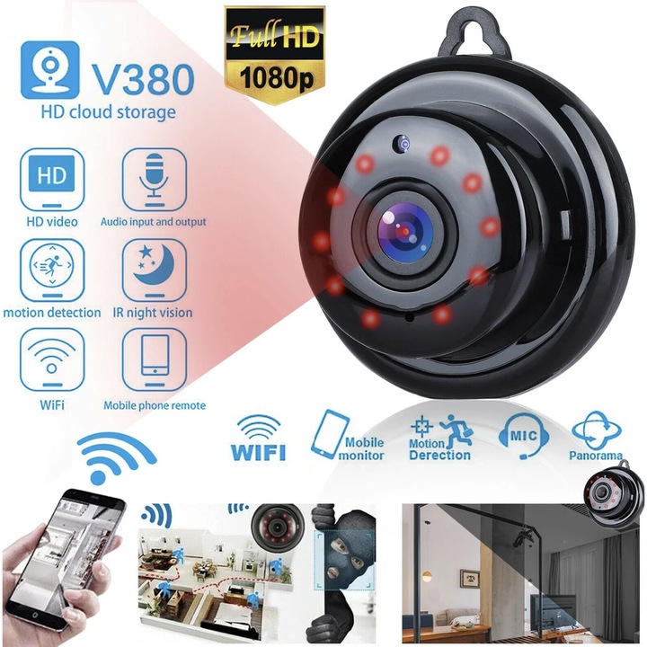 Mini Camera Spion Ascunsa cu Infrarosu, N2L Store®, 0GB, WiFi, Monitorizare in Timp Real, HD, 1080P, Functie de Fotografiere din Telefonul Mobil, 150 Grade Unghi de Filmare, Functie de Inregistrare in Bucla, Vedere Nocturna, Detectare Miscare, Negru