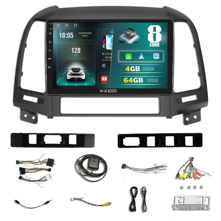 Navigatie Hyundai Santa Fe 2 ( 2006 - 2012 ) dedicata Android 13 si Carplay, MaxTech®, ecran de 9'' IPS, 4 GB RAM 64 GB ROM, DSP, EQ, functii GPS, WIFI, RDS, Radio, Bluetooth, Youtube, Waze