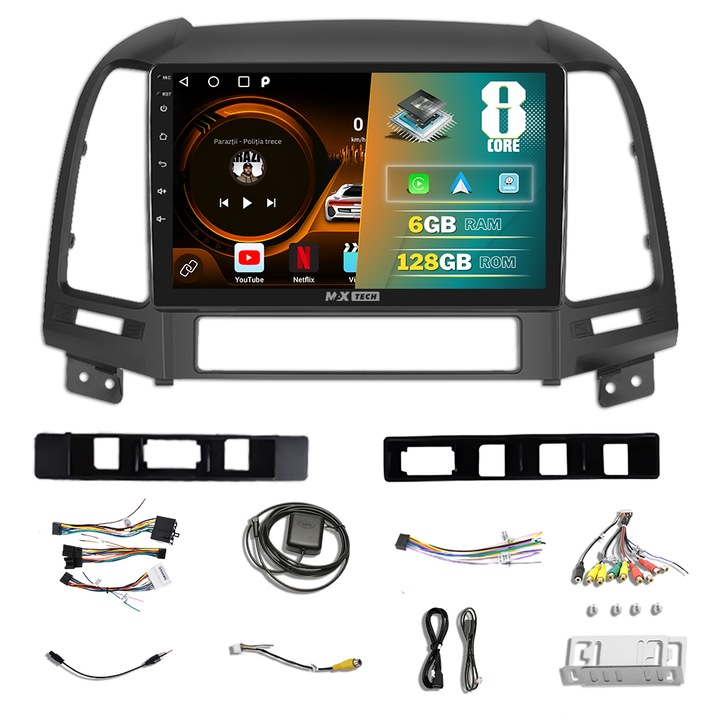 Navigatie Hyundai Santa Fe 2 ( 2006 - 2012 ) dedicata Android 13 si Carplay, MaxTech®, ecran de 9'' IPS, 6 GB RAM 128 GB ROM, DSP, EQ, functii GPS, WIFI, RDS, Radio, Bluetooth, Youtube, Waze