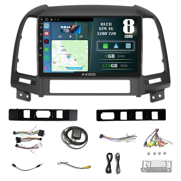 Navigatie Hyundai Santa Fe 2 ( 2006 - 2012 ) dedicata Android si Carplay, MaxTech®, ecran de 9'' QLED, 8 GB RAM 128 GB ROM, DSP, EQ, RDS, functii Sim 4G, GPS, WIFI, Bluetooth, Youtube, Waze