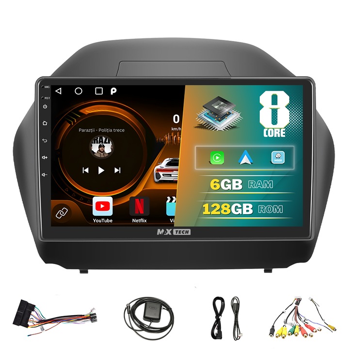 Navigatie Hyundai IX35 ( 2009 - 2015 ) dedicata Android 13 si Carplay, MaxTech®, ecran de 9'' IPS, 6 GB RAM 128 GB ROM, DSP, EQ, functii GPS, WIFI, RDS, Radio, Bluetooth, Waze