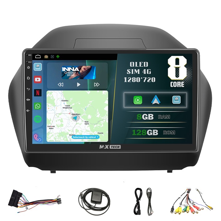 Navigatie Hyundai IX35 ( 2009 - 2015 ) dedicata Android si Carplay, MaxTech®, ecran de 9'' QLED, 8 GB RAM 128 GB ROM, DSP, EQ, RDS, functii Sim 4G, GPS, WIFI, Bluetooth, Youtube, Waze