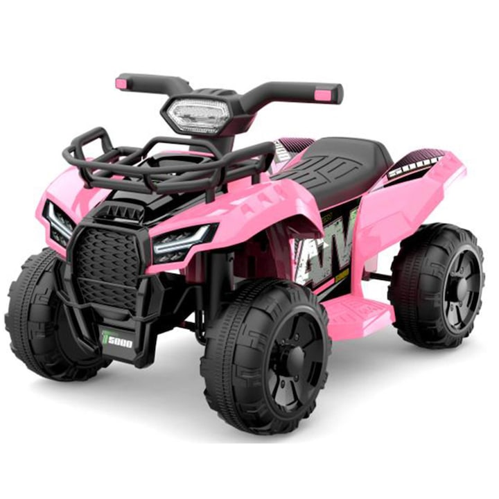 Elektromos ATV gyerekeknek, rózsaszín színű, 6V-os újratölthető akkumulátor, akár 2 órás meghosszabbított autonómia, nagy tapadású kerekek különféle tereptípusokhoz, 4 kerék felfüggesztés a stabilitásért és kényelemért, intuitív vezérlőrendszer