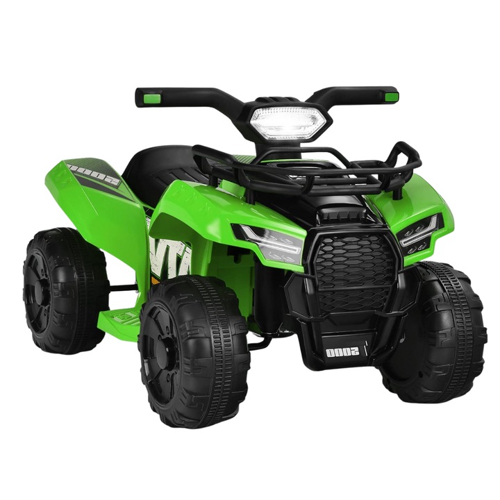 Zöld elektromos quad gyerekeknek, 6 V-os akkumulátoros motorral, nagy hatótávolsággal, strapabíró kerekekkel és felfüggesztéssel a sima utazásért, kompakt méretekkel (42x67x44 cm), ergonomikus, csúszásgátló fogantyúkkal és egyszerű vezérlőrendszerrel.