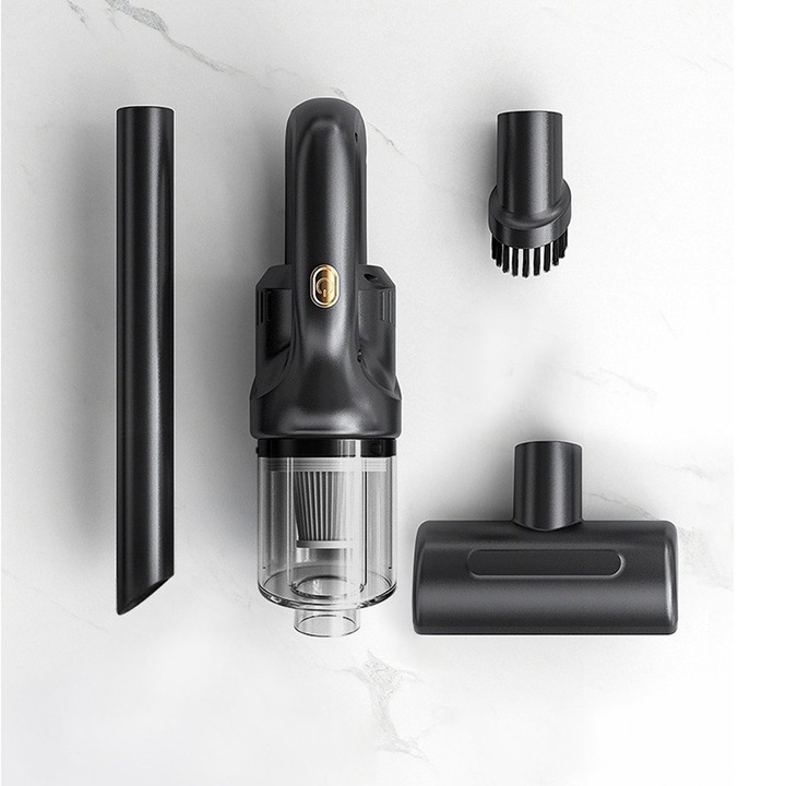 Aspirator Portabil, fara Fir, Comando Home, pentru Casa si Masina, Accesorii Incluse, 38000 RPM, Incarcare USB, 120W, Autonomie 45 min, Negru