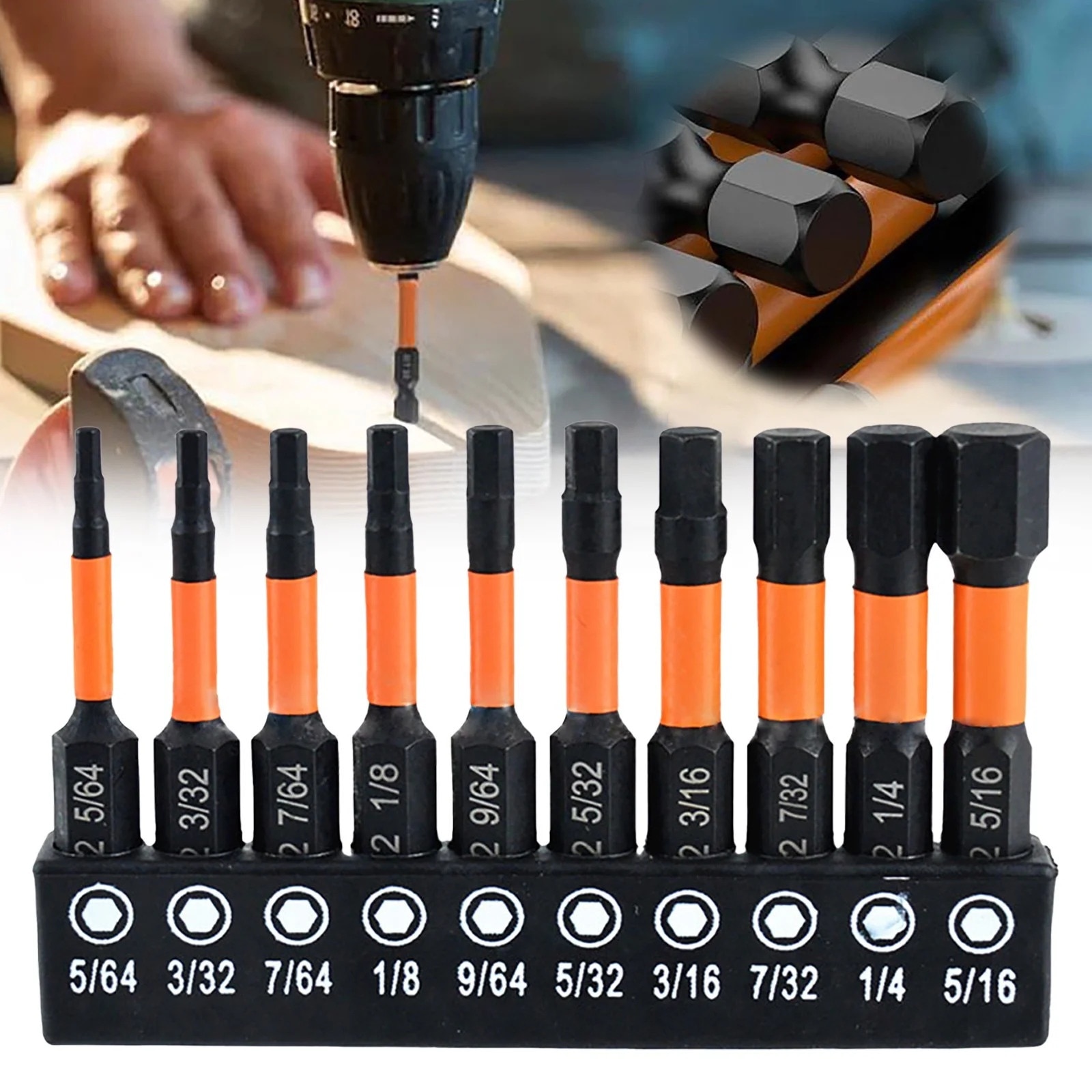 Set de biti hexagonali pentru impact, 10 piese, cu cutie de