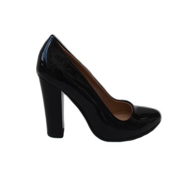 Pantofi cu toc gros si bot rotunjit, cu aspect de lac, D&J Exclusive, Negru Pantofi cu toc gros si bot rotunjit, cu aspect de lac, D&J Exclusive, Negru