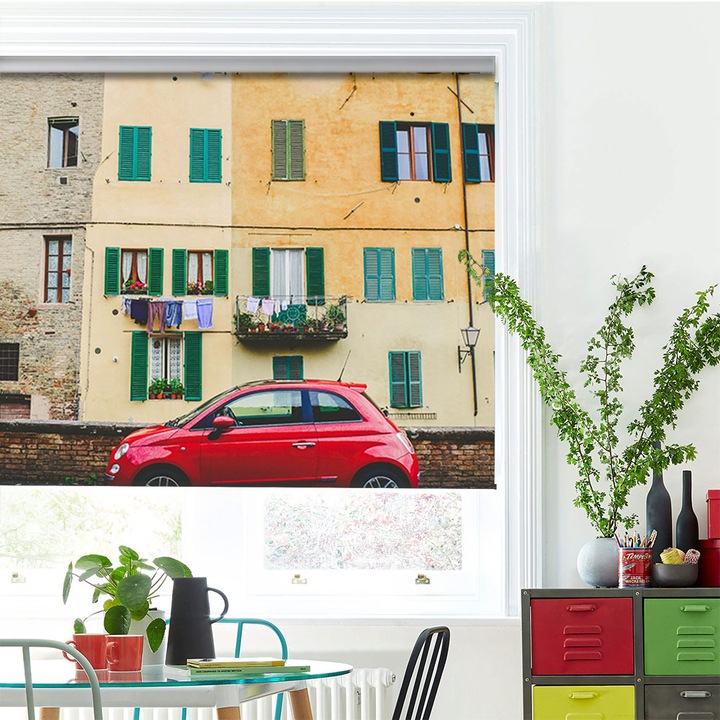 Rolete Art Shade Multicolore tip Jaluzele cu Rulou si sistem inclus Cladire cu geamuri verzi Decoratiuni, Latime 60 cm x Inaltime 250 cm