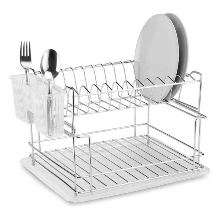 Uscator de vase, Welora, din metal, pe 2 nivele, cu tava si suport tacamuri, dimensiuni 36x29x22cm, argintiu