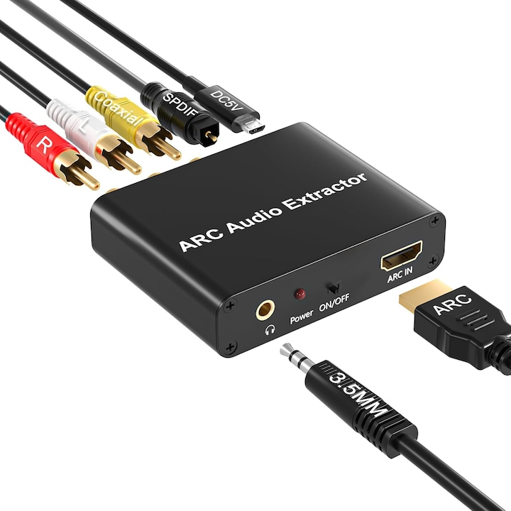 Адаптер HDMI, ARC аудио екстрактор с цифров оптичен TOSLINK SPDIF/коаксиален и аналогов 3,5 mm L/R стерео HDMI ARC към RCA аудио конвертор, съвместим с HDTV Soundbar усилвател, черен