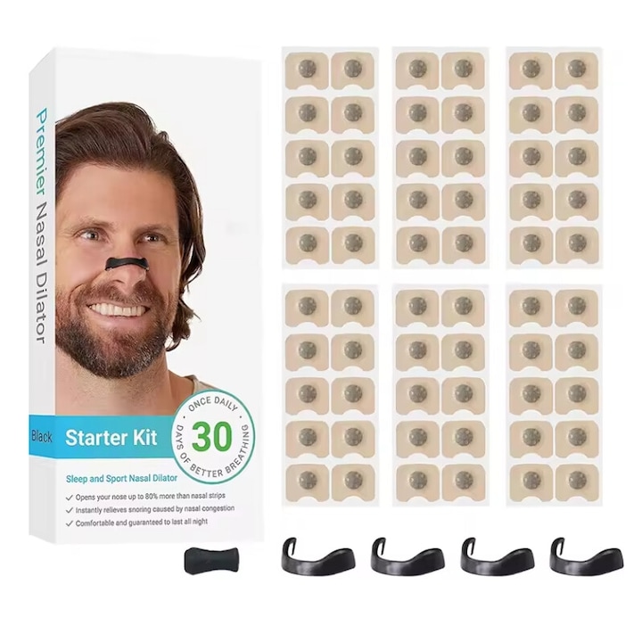 Dilatator nazal magnetic antisforatit set, dilatator nazal confortabil, 4 benzi magnetice de marimi diferite, aplicator, 30 plasturi adezivi, Rezistent la umezeala si confortabil, potrivit pentru sport si activitati zilnice, Negru
