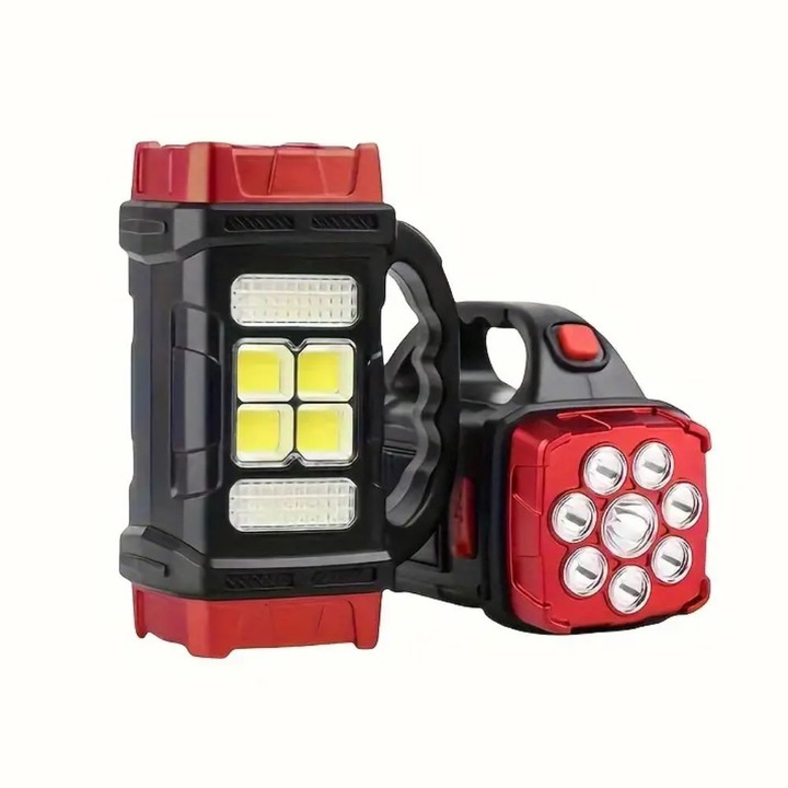 Lanterna Portabila Multifunctionala LED, 38W, Cob Lateral, Incarcare Solara sau USB, Cu Functie de Power Bank, 4 Moduri de Lumina, ABS, Negru/Rosu, Impact Vision®