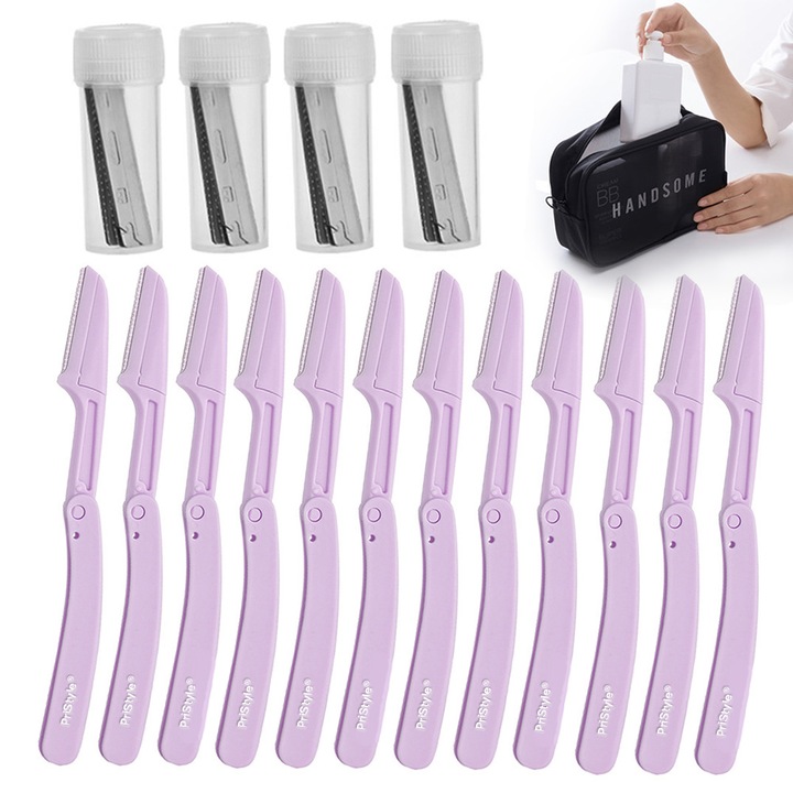 Set 12 brici, 40 Lame de Rezerva si geanta de transport si depozitare inclusa, Pentru Finisare si Indreptare Sprancene si Par Facial, Violet, Pristyle®
