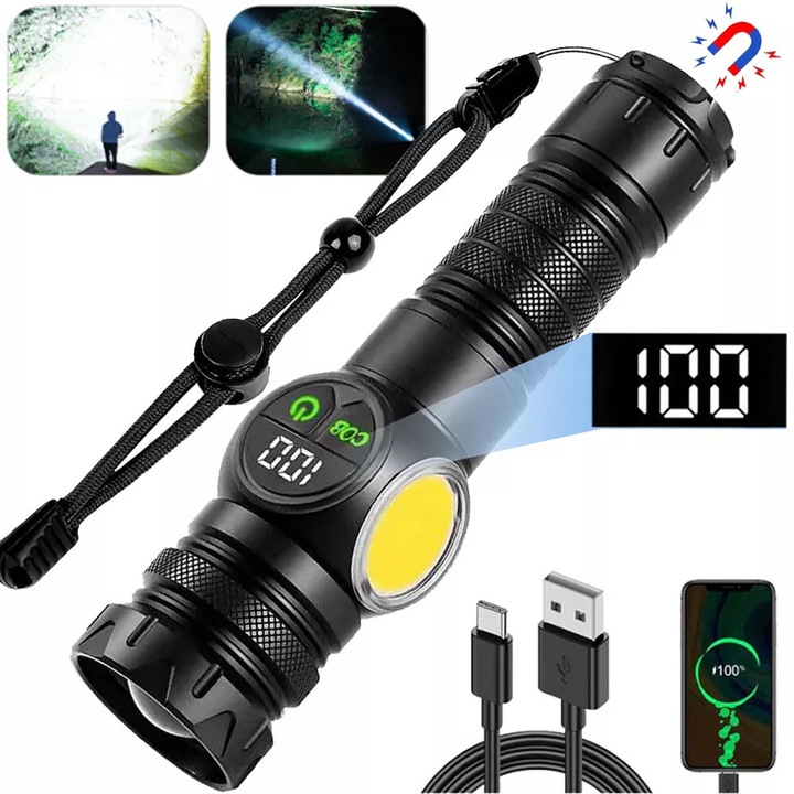 Lanterna Led ANGMAD, display pt procent baterie, 9 moduri de functionare, reincarcabila, rezistenta la intemperii si apa, construita din aluminiu, magnet pentru fixare, iesire USB-C, culoare: negru