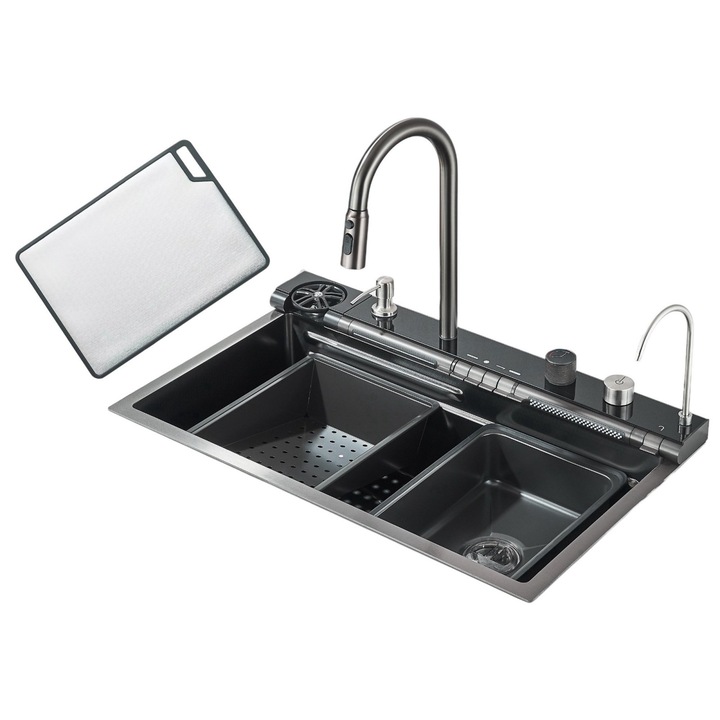 Chiuveta Multifunctionala Bucatarie BisDesign®, Varianta Imbunatatita, Toate Accesoriile Incluse, Dus Extractabil, Tocator ABS/Otel, Material Antiaderent, Afisaj LCD pentru Temperatura Apei, Functii Cascada, Finisaj Negru Grafit, Dimensiune 75x46 cm