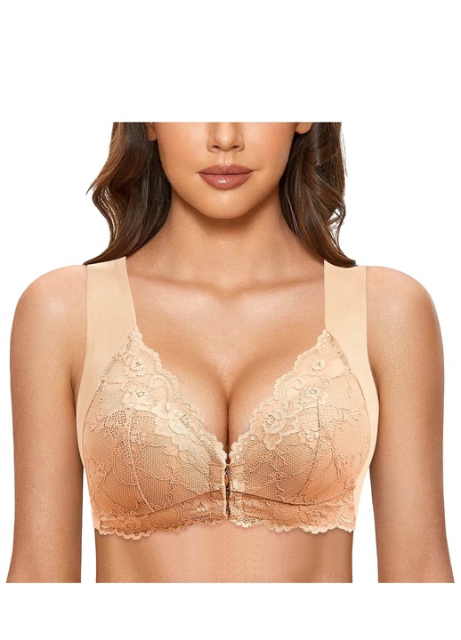 Sutien cu deschidere frontala dama, sutien dantela, fara suport, Bej