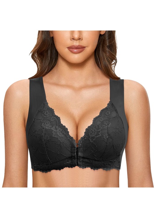 Női elöl nyíló melltartó, csipkemelltartó, alátámasztás nélkül, Koptatott fekete