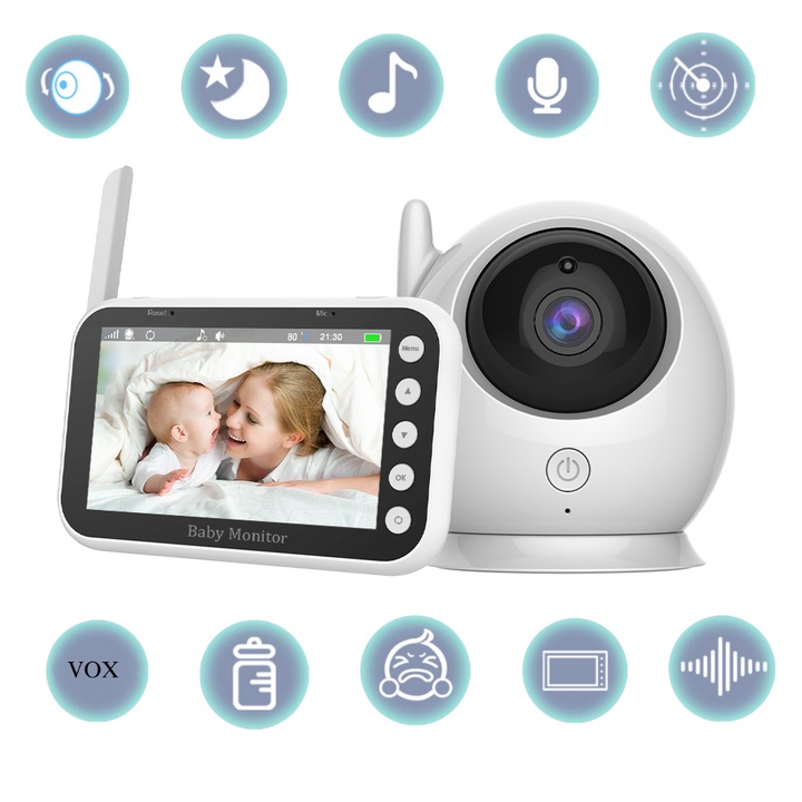 Bébiőr / Monitor Bebelusi EVONTECH, 4.3″ HD, Éjjellátó, Kétirányú hang, 360°-os kamera, VOX, Sírásriasztás, Wi-Fi, Hőmérséklet-érzékelő, 8 dal, Riasztás, AI Érzékelés