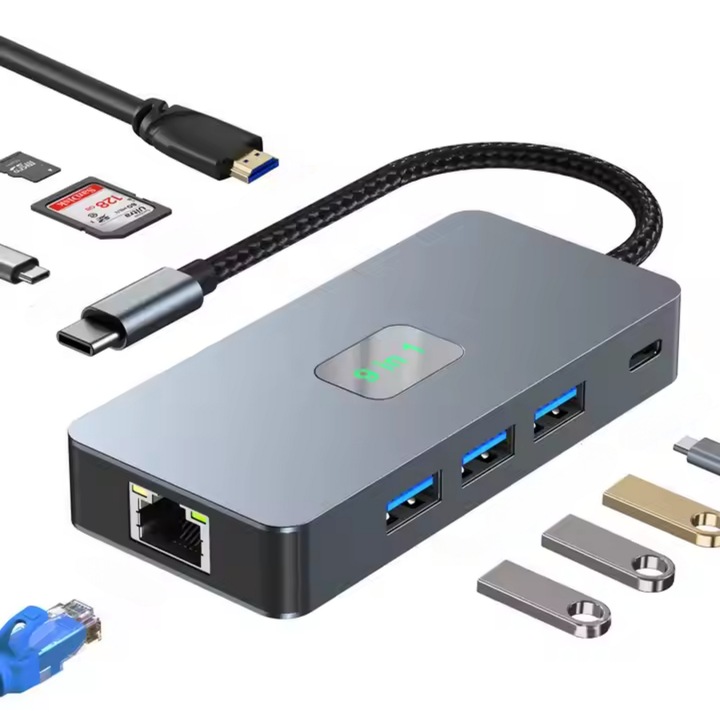 Адаптер HUB USB-C, 9 в 1, EVONTECH, Алуминий, 1xEthernet RJ45 Gigabit 1000 Mbps, HDMI 60Hz, 3xUSB3.0, 1xUSB-C/100W порт за зареждане, 1xCard ST/TF, 1xUSB-C