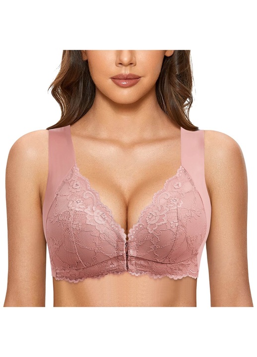 Sutien cu deschidere frontala dama, sutien dantela, fara suport, Roz