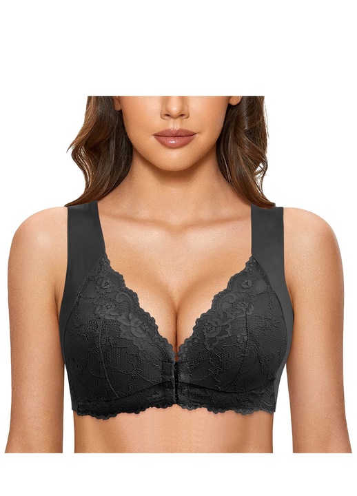 Sutien cu deschidere frontala dama, sutien dantela, fara suport, Negru stins