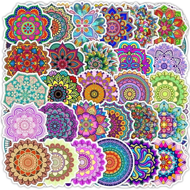 Set 50 stickere / autocolante in stil mandala, potrivite pentru valize, frigidere, laptopuri, skateboarduri, biciclete, motociclete, din PVC rezistent la apa, anti-zgariere si usor de indepartat