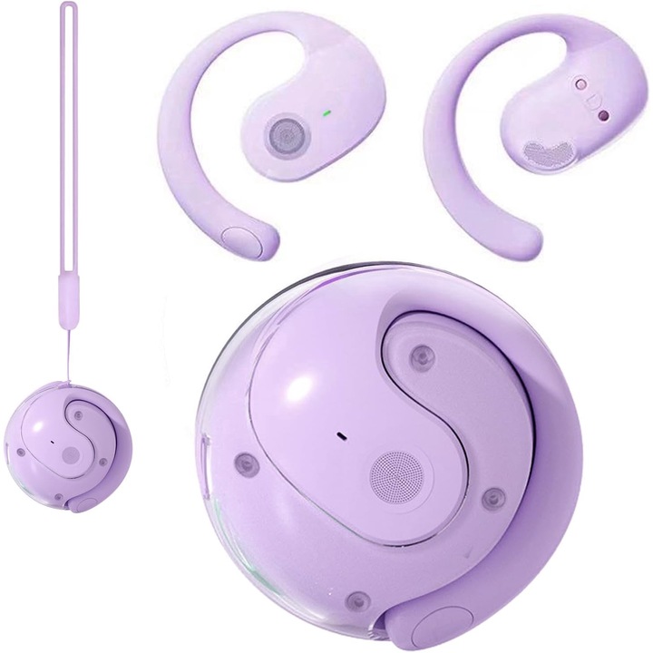 Vezeték nélküli Bluetooth fülhallgató, Fülre helyezhető, MingZhi®️, Új Ultra Bone Conduction Open, tiszta hívások magával ragadó hang, vezeték nélküli Bluetooth Fit Secure, Sport mikrofonnal, izzadságálló, lila