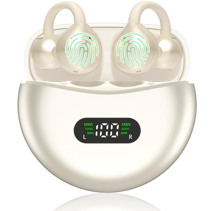 Casti wireless bluetooth, MingZhi®️, cu clema pentru ureche Mini deschise, cu conductie osoasa, Bluetooth adevarate fara fir, potrivite pentru sport, exercitii de conducere, mers, alergare, galben deschis