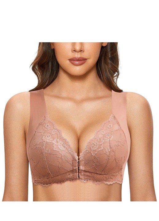 Sutien cu deschidere frontala dama, sutien dantela, fara suport, Maro cafeniu