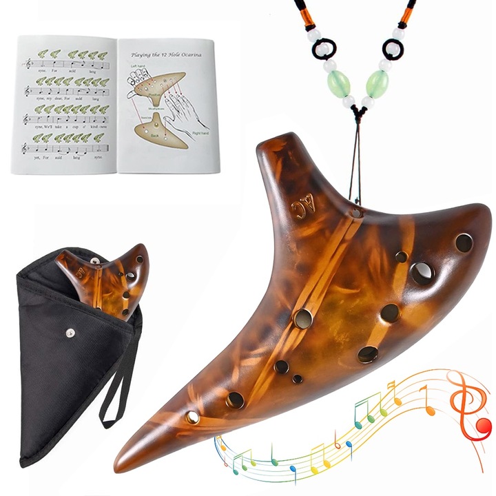 Ocarina, Noonedibs, 12 gauri, usor de invatat, potrivit pentru incepatori, instrument de suflat, dezvolta dexteritatea si coordonarea mainilor, coarda, sunet clar, neted, rezistenta buna la presiune, partituri, ceramica, cu cutie