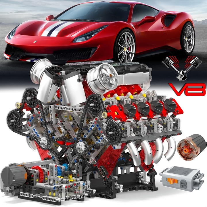 Set constructie motor V8, Excitat®, 2718 piese, cu motor electric, Motor twin-turbo de 3.9 litri, Technic, educativ STEM, compatibile cu lego, 1.2kg, Negru